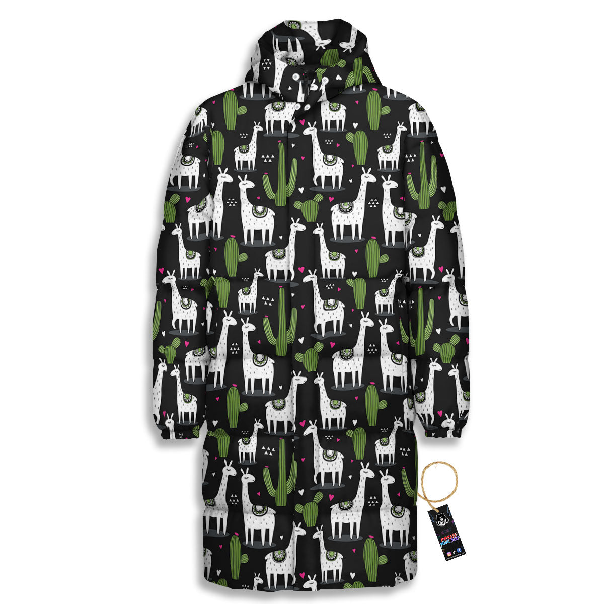 Llama And Cactus Print Pattern Long Down Jacket-grizzshop