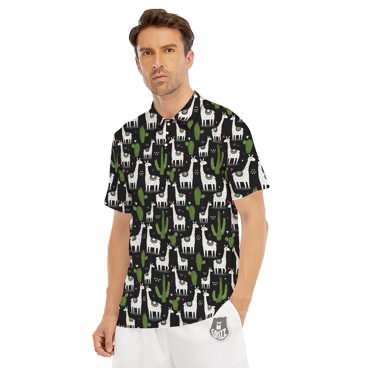 Llama And Cactus Print Pattern Men's Golf Shirts-grizzshop