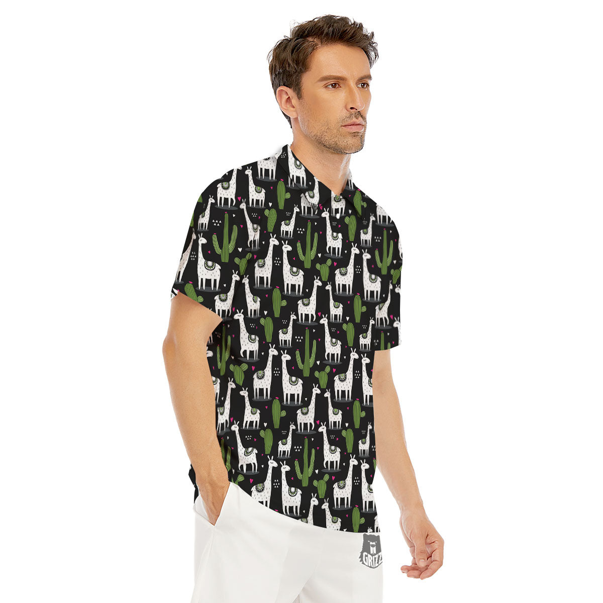 Llama And Cactus Print Pattern Men's Golf Shirts-grizzshop
