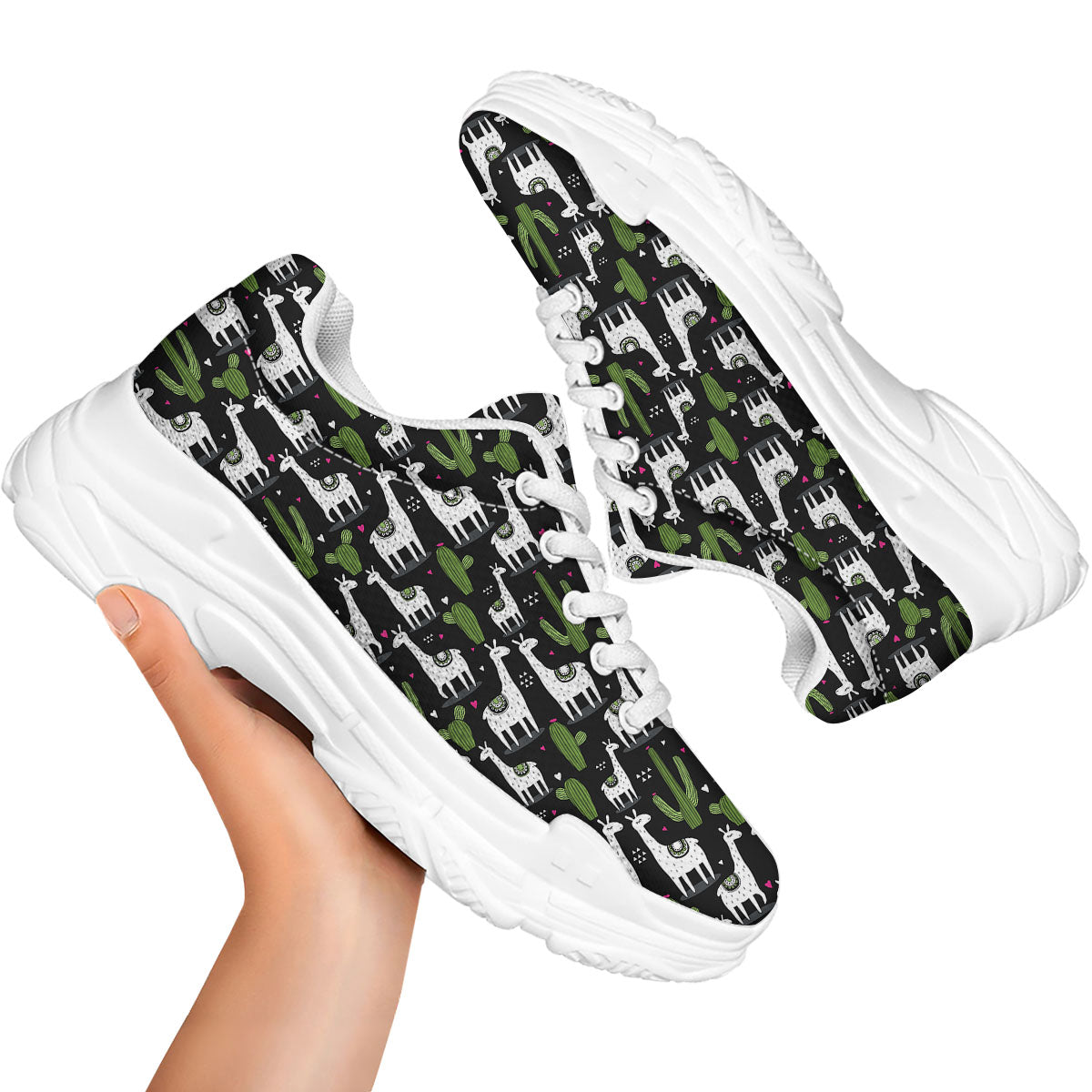 Llama And Cactus Print Pattern White Chunky Shoes-grizzshop