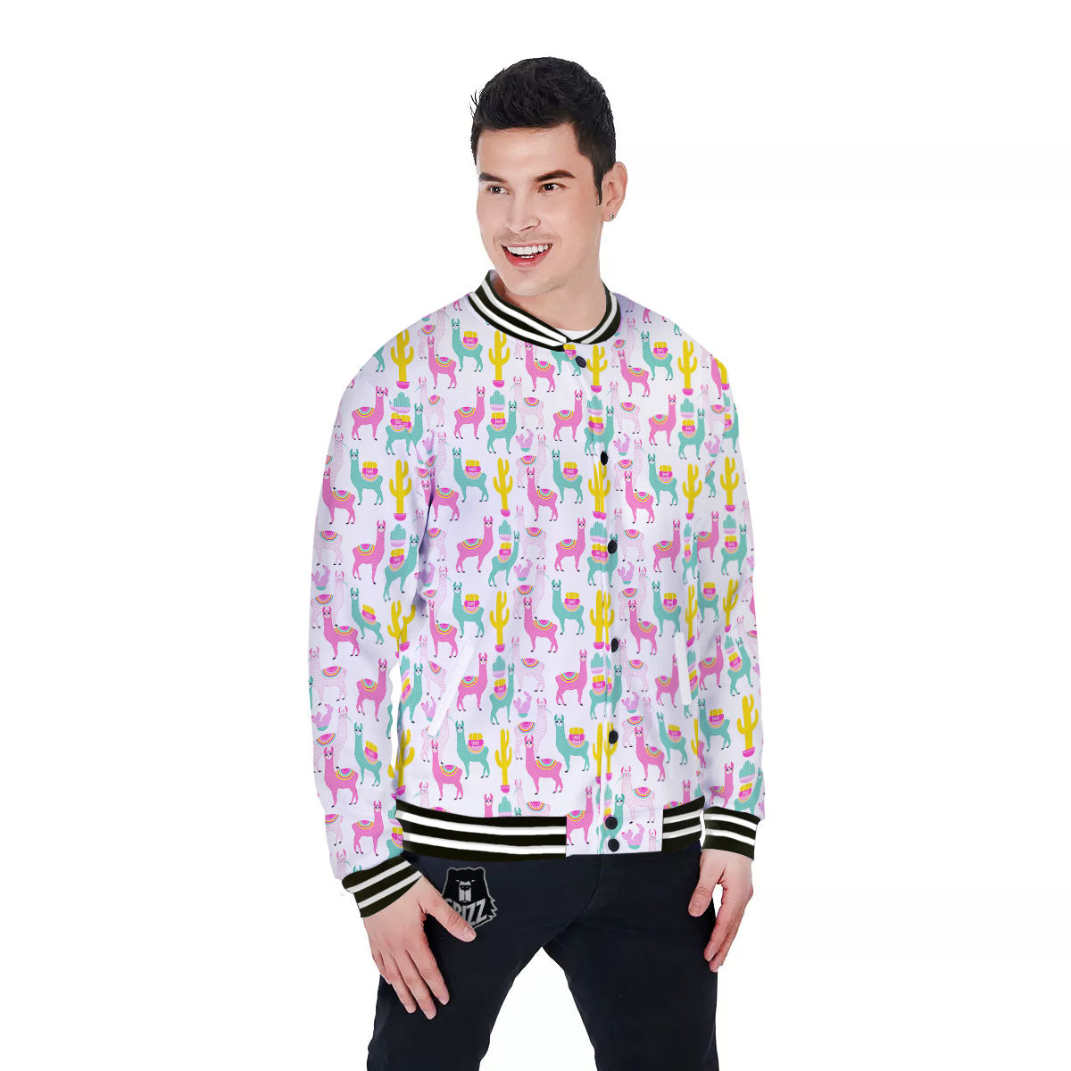 Llama And Cartoon Cactus Print Pattern Baseball Jacket-grizzshop