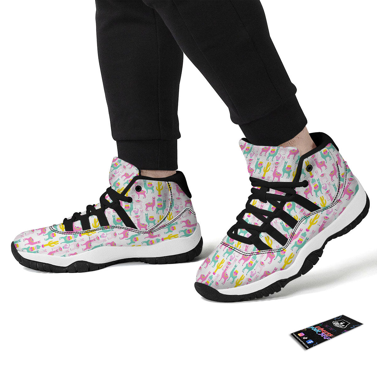 Llama And Cartoon Cactus Print Pattern Black Bball Shoes-grizzshop