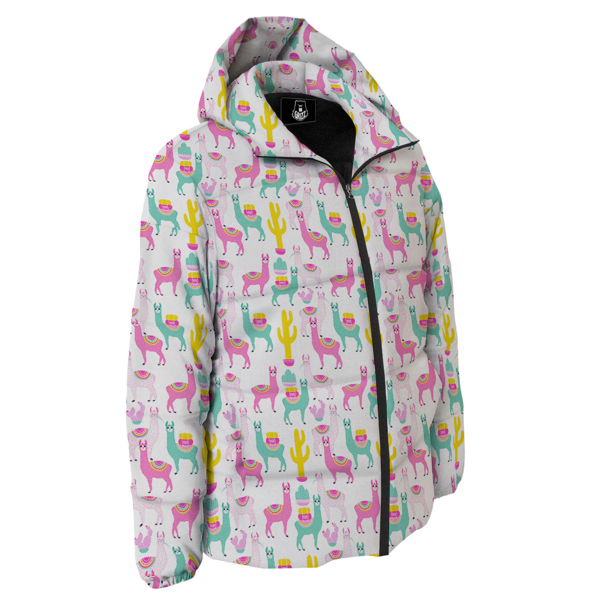 Llama And Cartoon Cactus Print Pattern Down Jacket-grizzshop