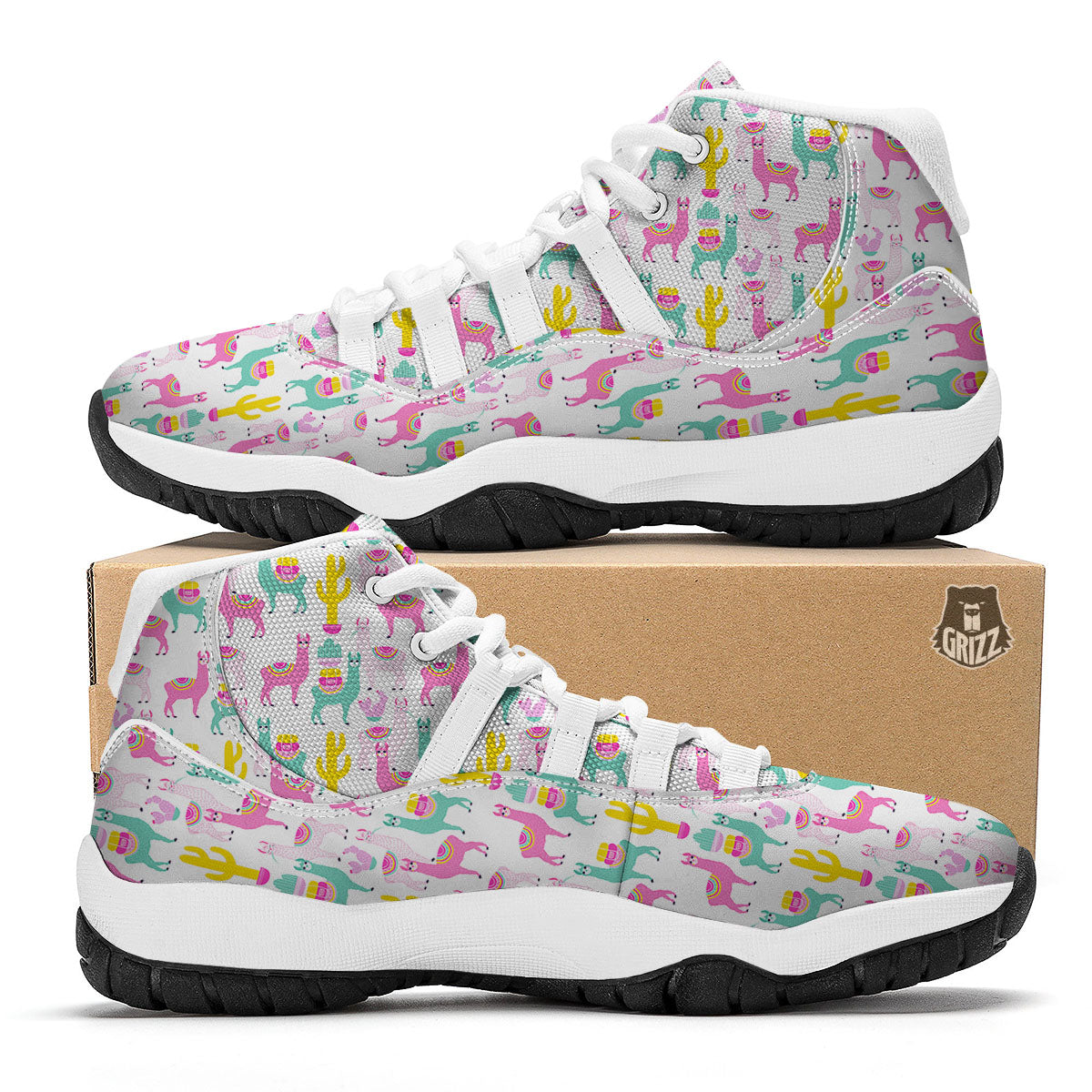 Llama And Cartoon Cactus Print Pattern White Bball Shoes-grizzshop