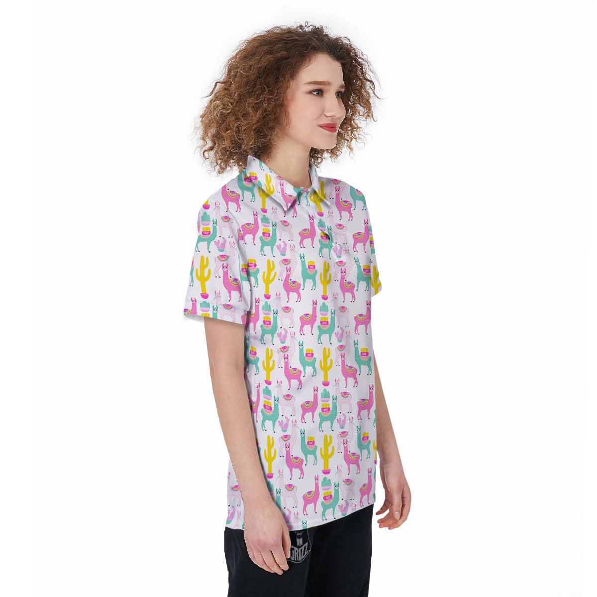 Llama And Cartoon Cactus Print Pattern Women's Golf Shirts-grizzshop