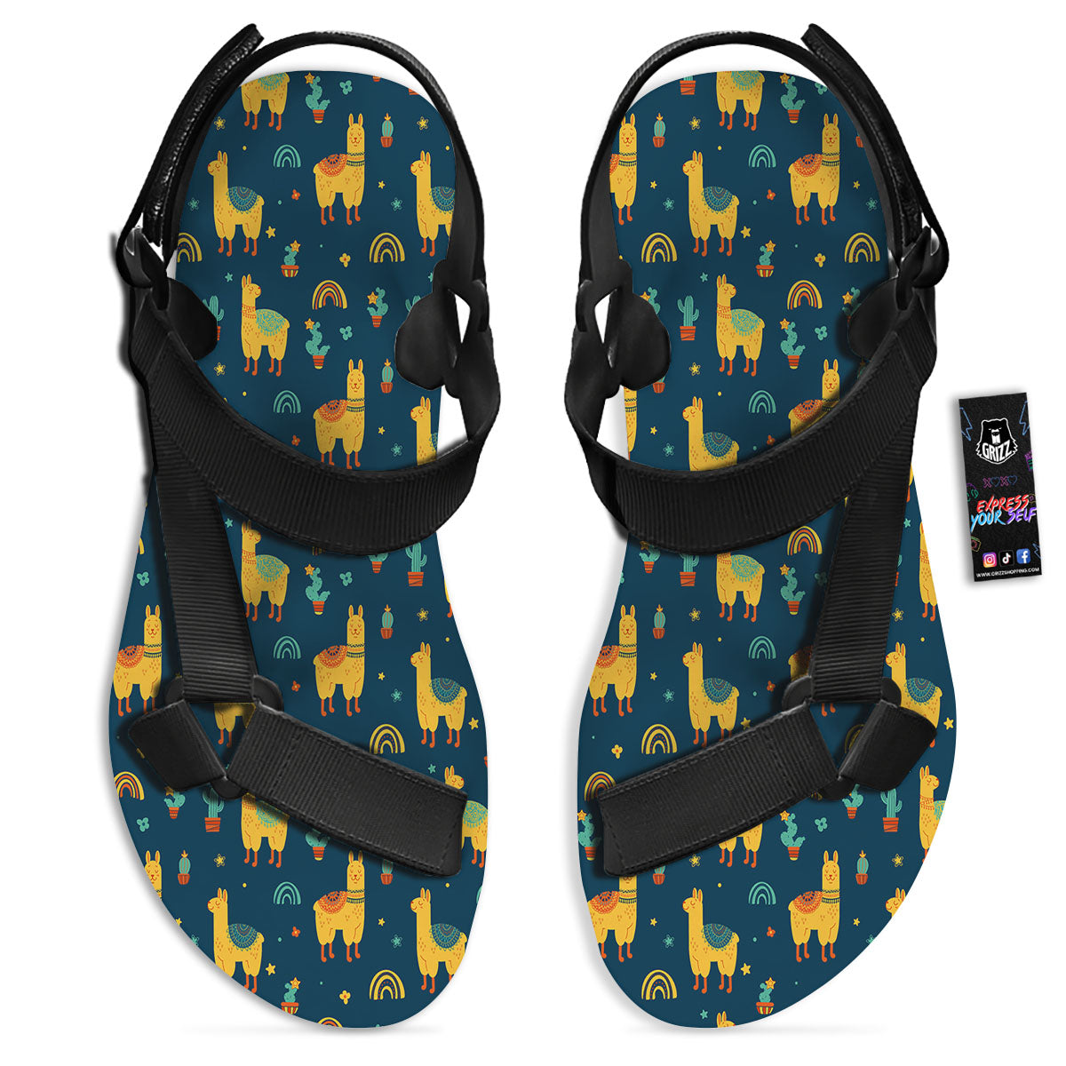 Llama And Cute Cactus Print Pattern Black Open Toe Sandals-grizzshop