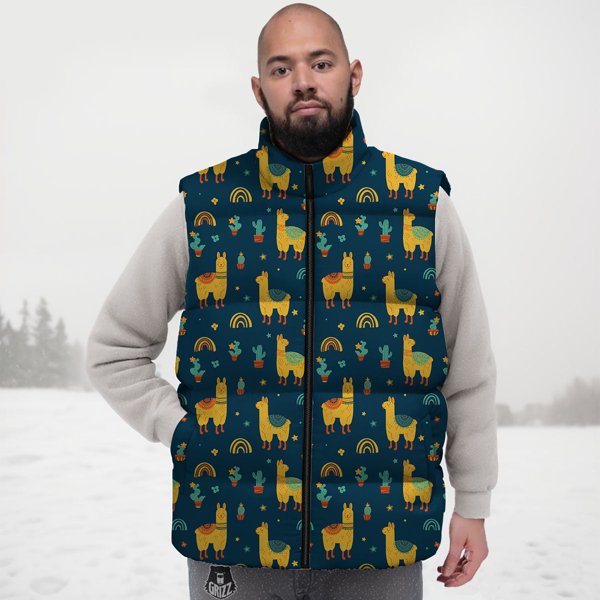 Llama And Cute Cactus Print Pattern Down Vest-grizzshop