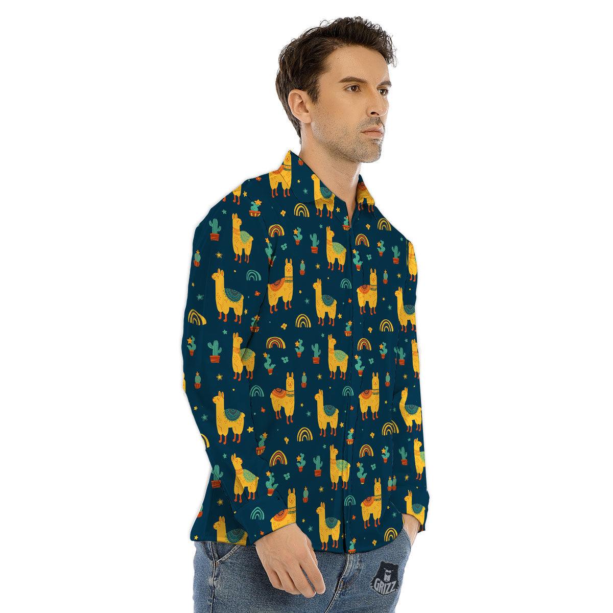 Llama And Cute Cactus Print Pattern Men's Dress Shirts-grizzshop