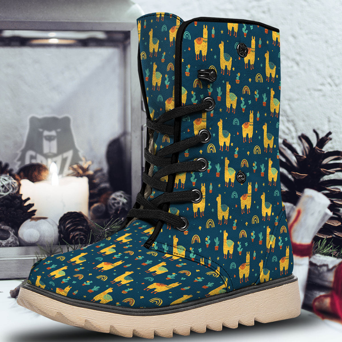 Llama And Cute Cactus Print Pattern Snow Boots-grizzshop