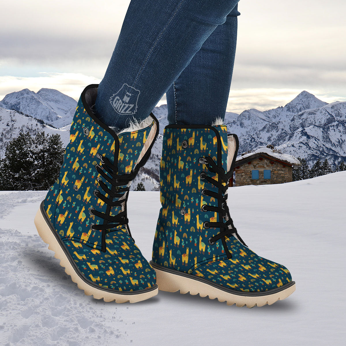 Llama And Cute Cactus Print Pattern Snow Boots-grizzshop