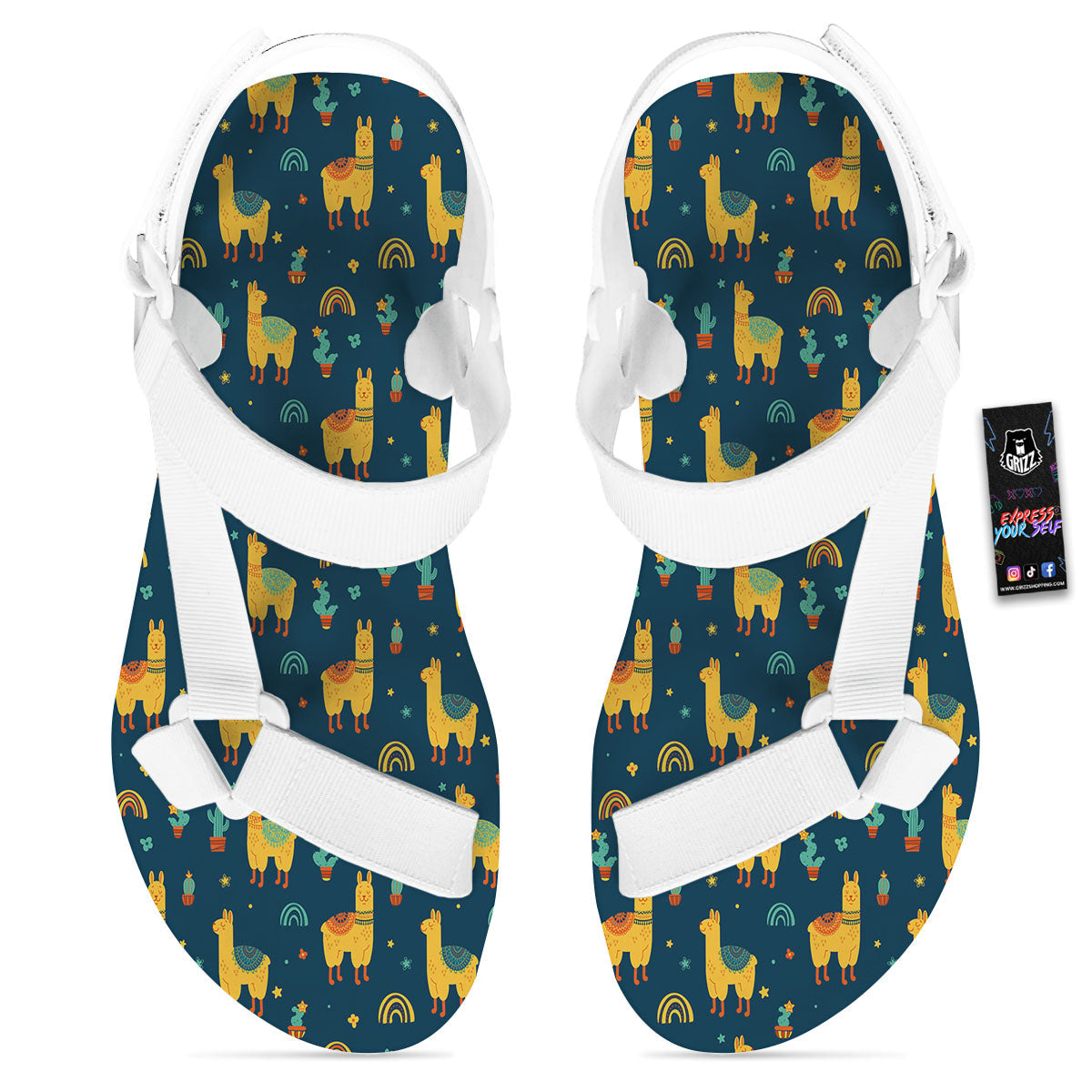 Llama And Cute Cactus Print Pattern White Open Toe Sandals-grizzshop