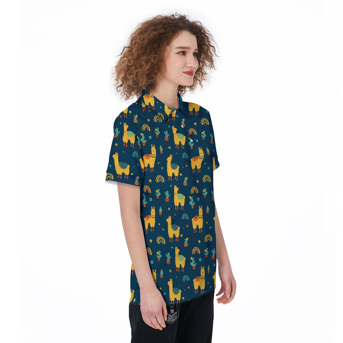 Llama And Cute Cactus Print Pattern Women's Golf Shirts-grizzshop