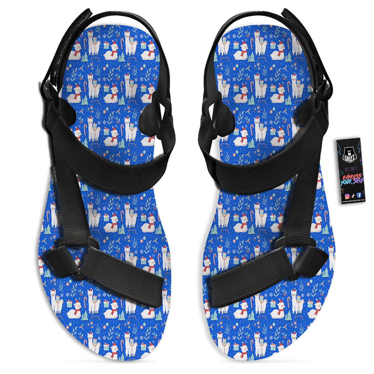 Llama Christmas Print Pattern Black Open Toe Sandals-grizzshop