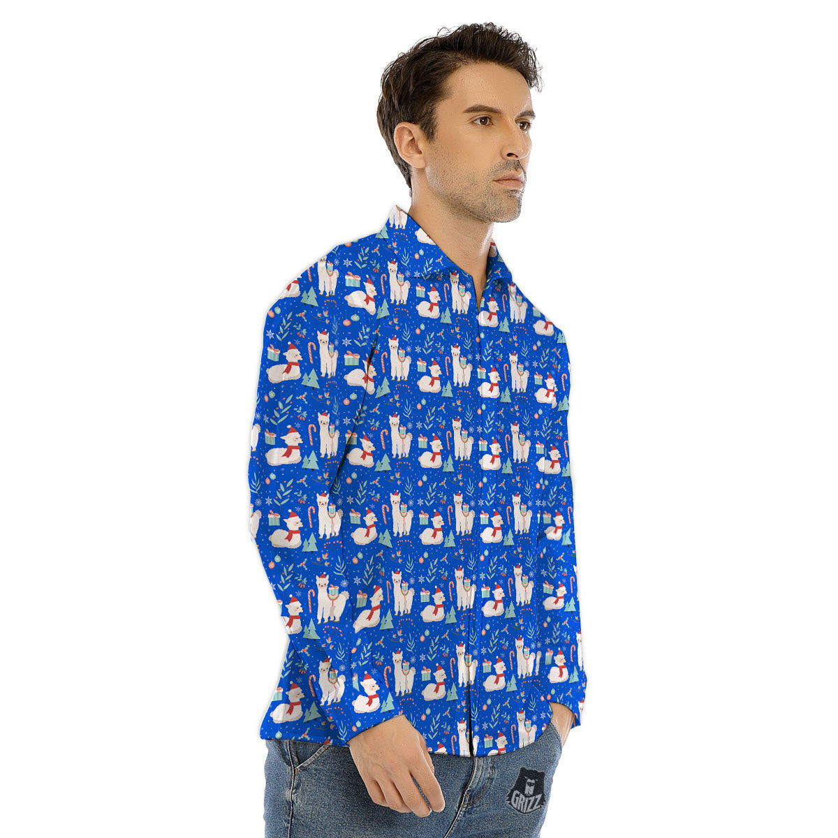 Llama Christmas Print Pattern Men's Dress Shirts-grizzshop