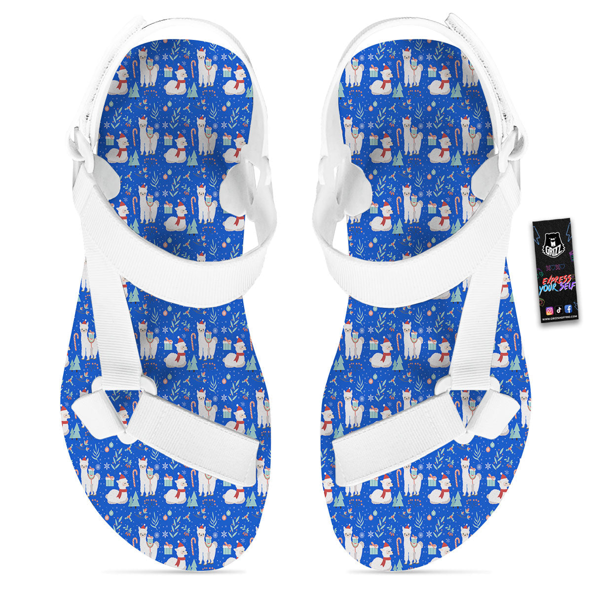 Llama Christmas Print Pattern White Open Toe Sandals-grizzshop