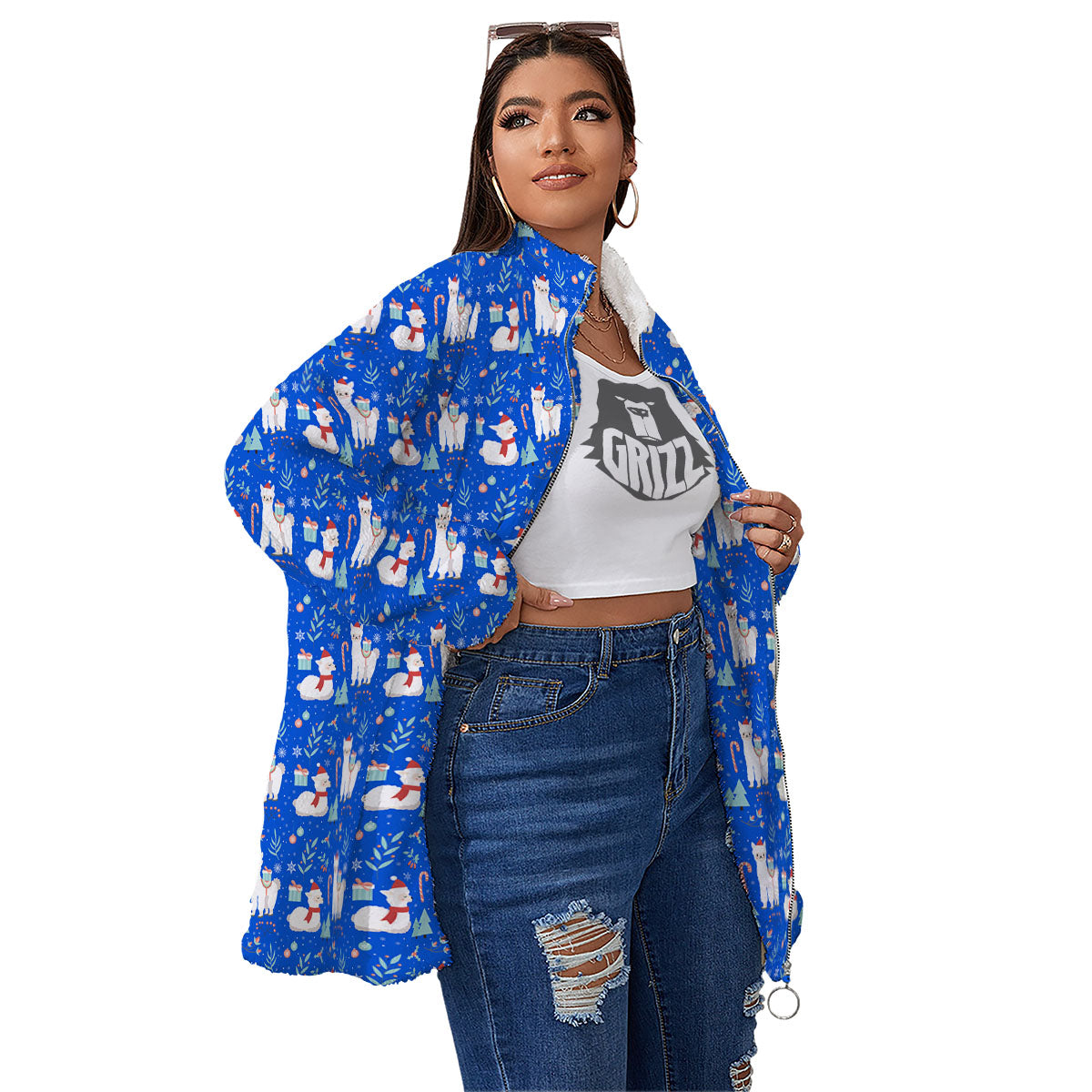 Llama Christmas Print Pattern Women's Sherpa Jacket-grizzshop