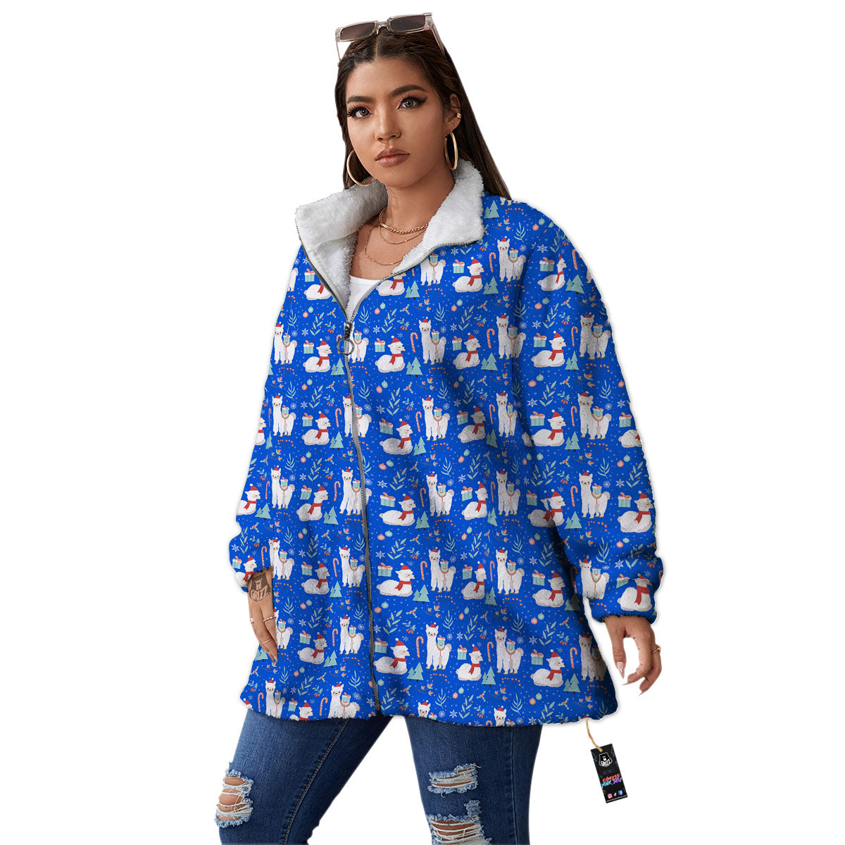 Llama Christmas Print Pattern Women's Sherpa Jacket-grizzshop