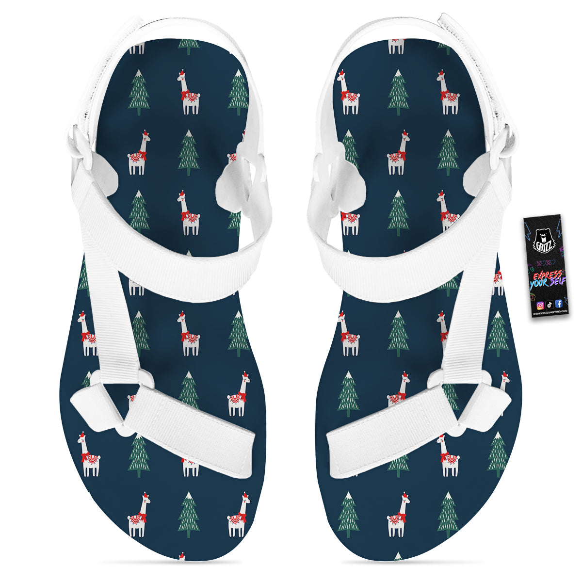 Llama Xmas Print Pattern White Open Toe Sandals-grizzshop