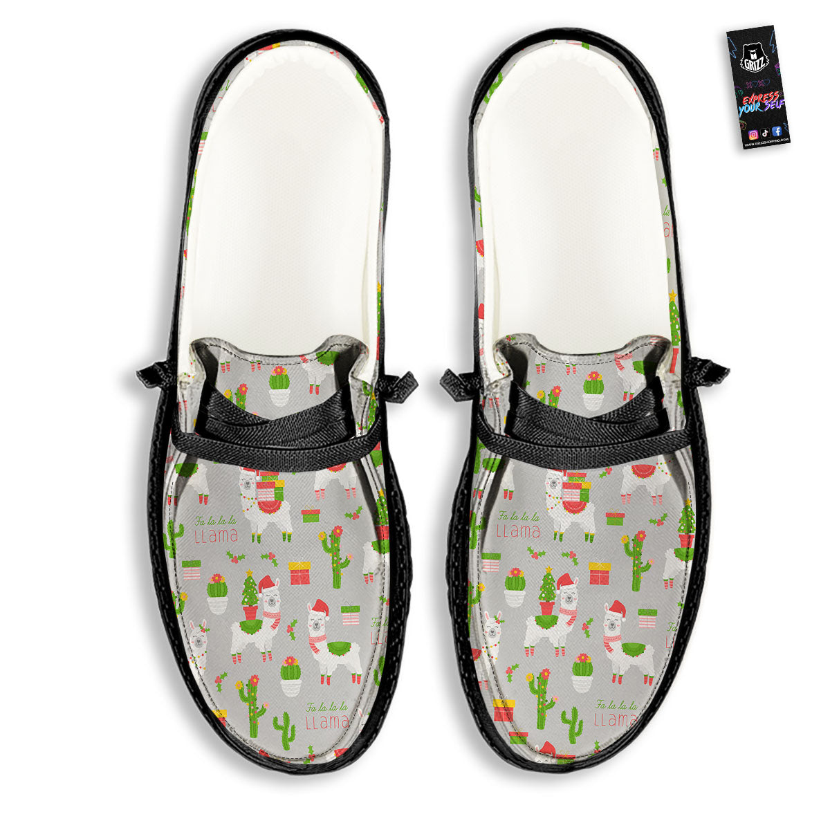 Llama Xmas Santa Claus Print Pattern Black Loafers-grizzshop