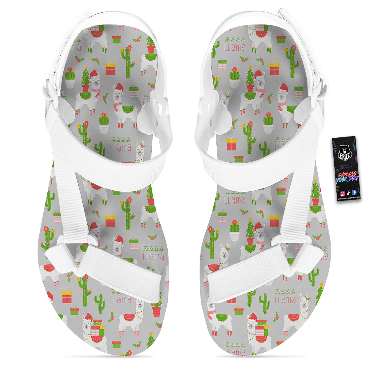 Llama Xmas Santa Claus Print Pattern White Open Toe Sandals-grizzshop