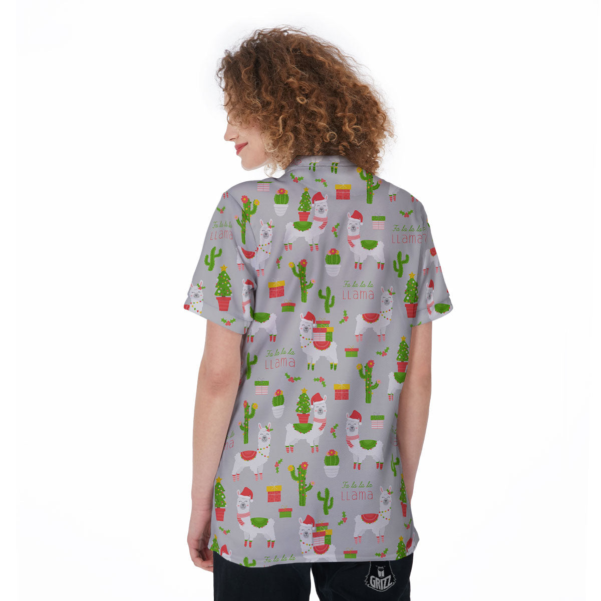 Llama Xmas Santa Claus Print Pattern Women's Golf Shirts-grizzshop
