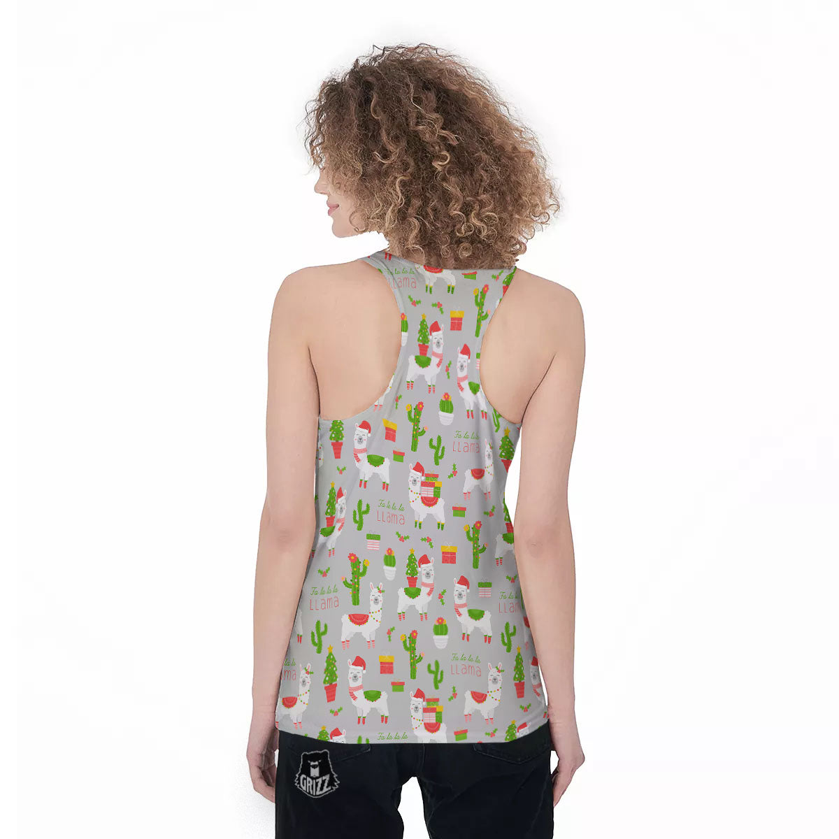 Llama Xmas Santa Claus Print Pattern Women's Racerback Tank Top-grizzshop