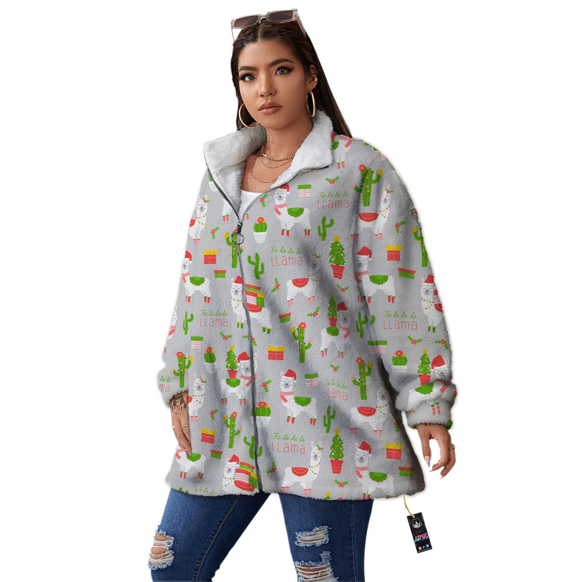 Llama Xmas Santa Claus Print Pattern Women's Sherpa Jacket-grizzshop