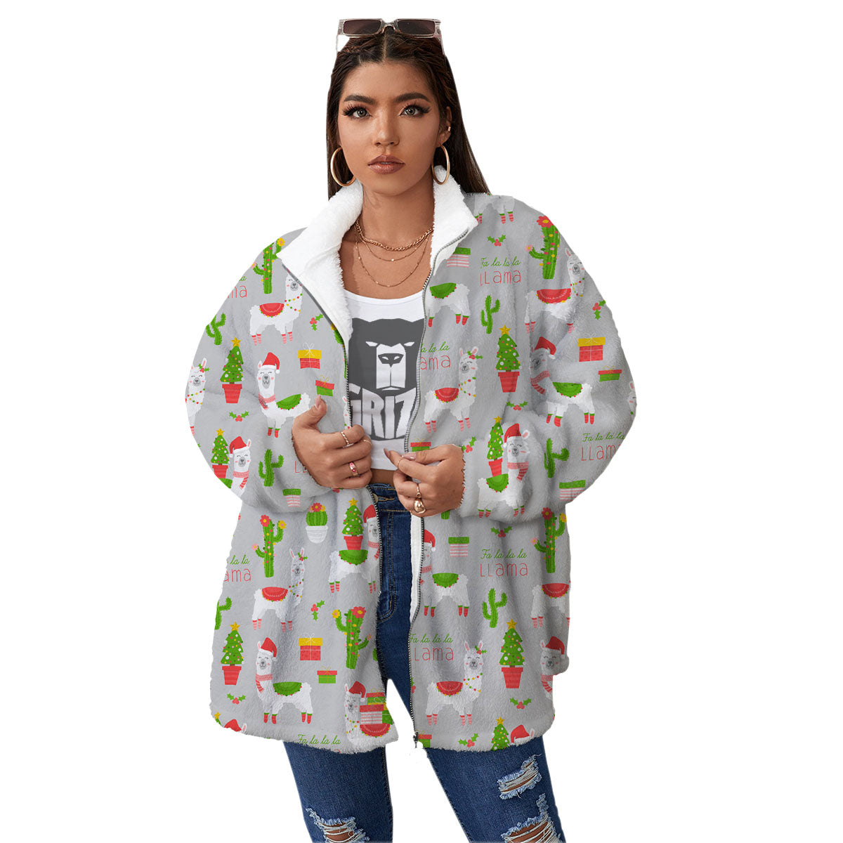 Llama Xmas Santa Claus Print Pattern Women's Sherpa Jacket-grizzshop