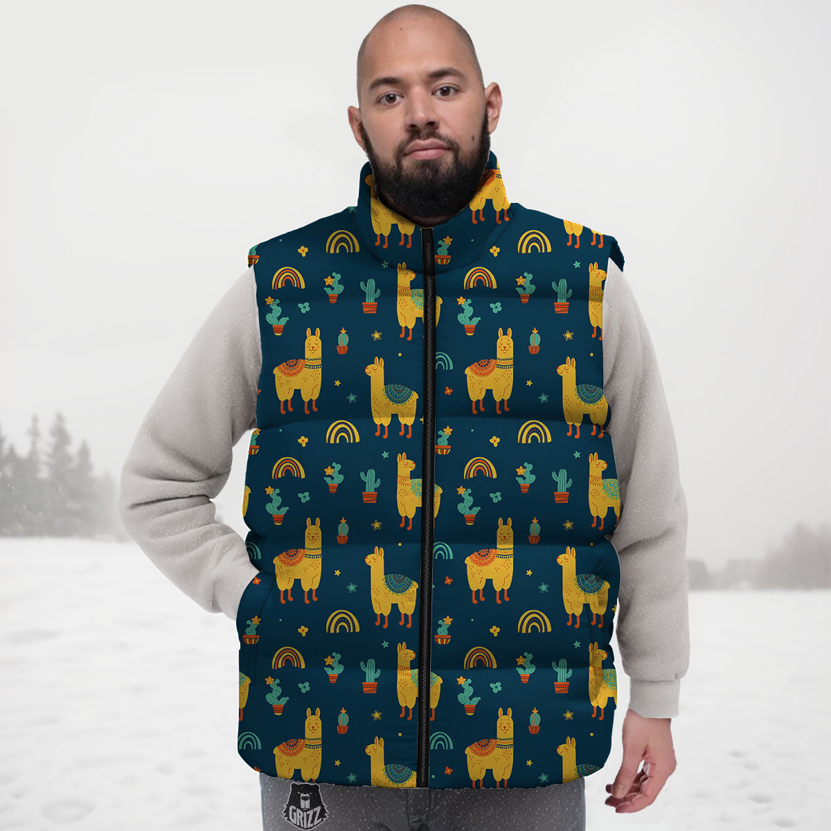 Llama Yellow Print Pattern Down Vest-grizzshop