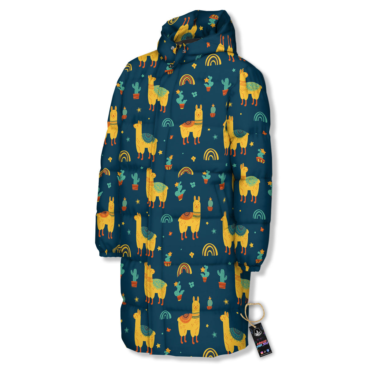 Llama Yellow Print Pattern Long Down Jacket-grizzshop