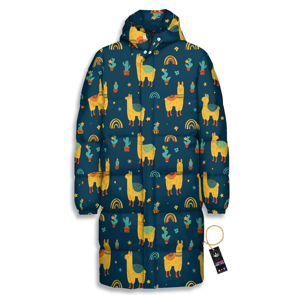 Llama Yellow Print Pattern Long Down Jacket-grizzshop