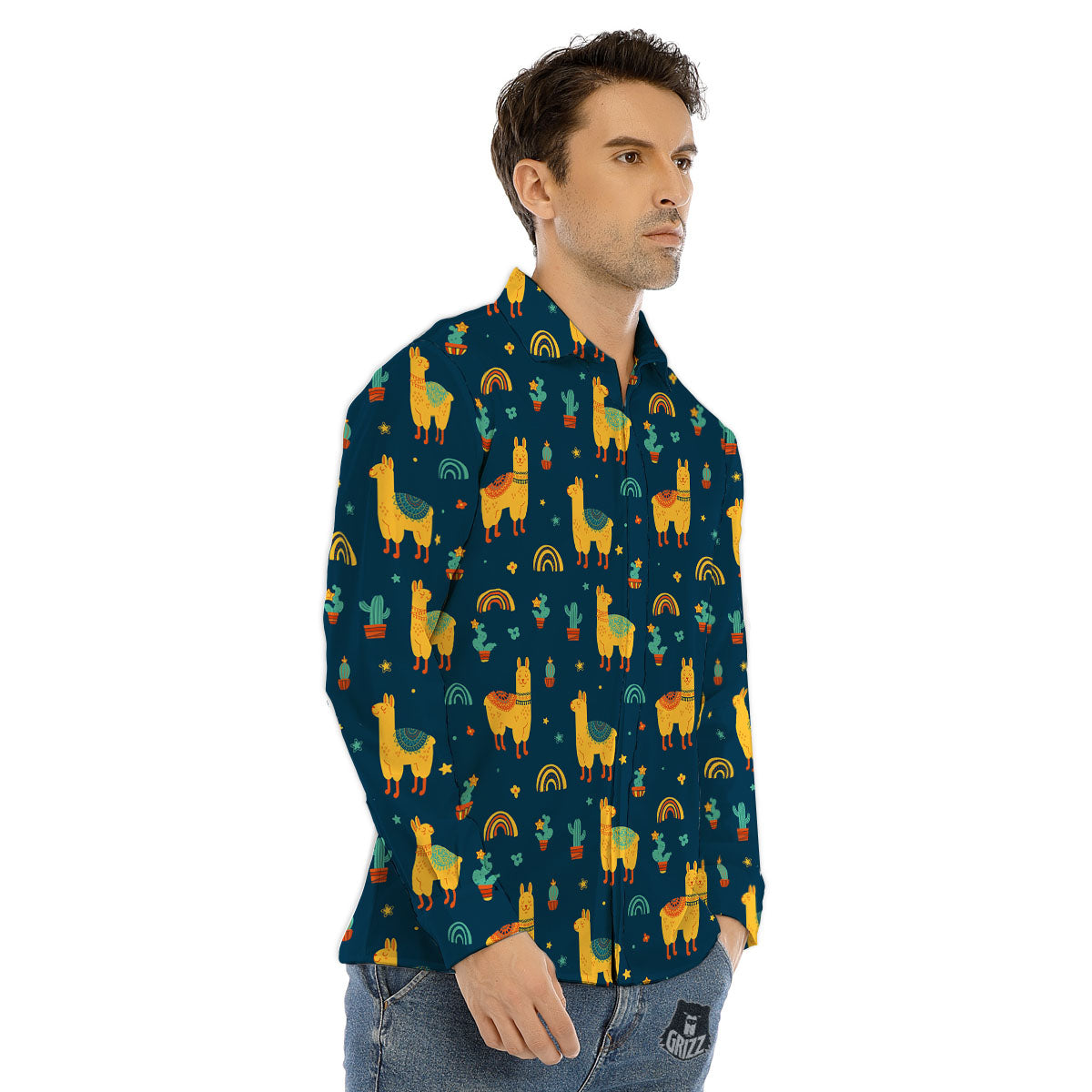 Llama Yellow Print Pattern Men's Dress Shirts-grizzshop