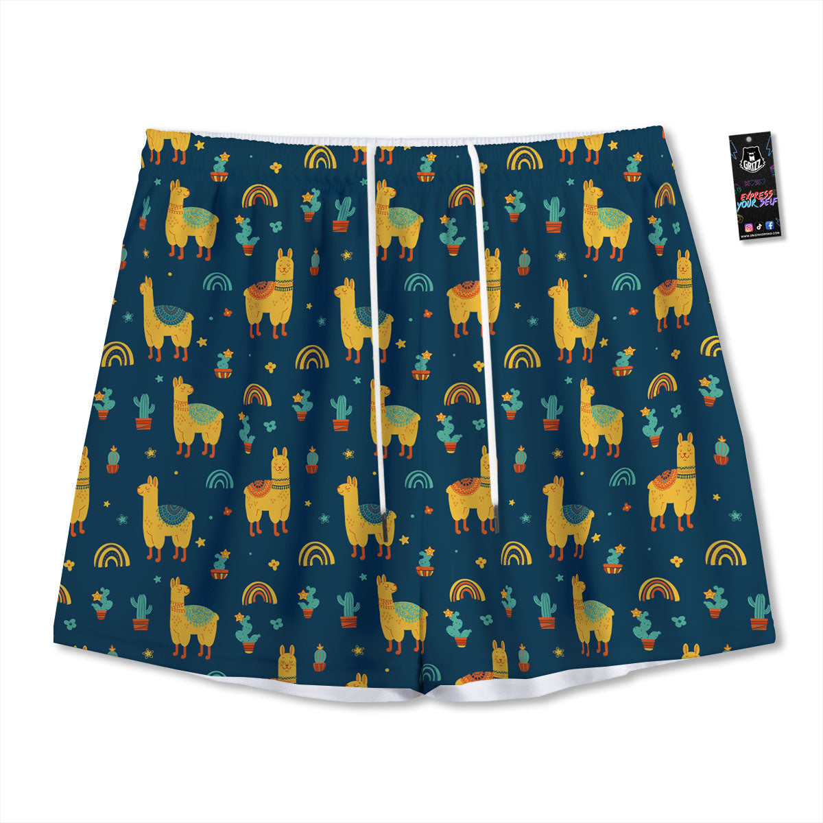 Llama Yellow Print Pattern Mesh Shorts-grizzshop