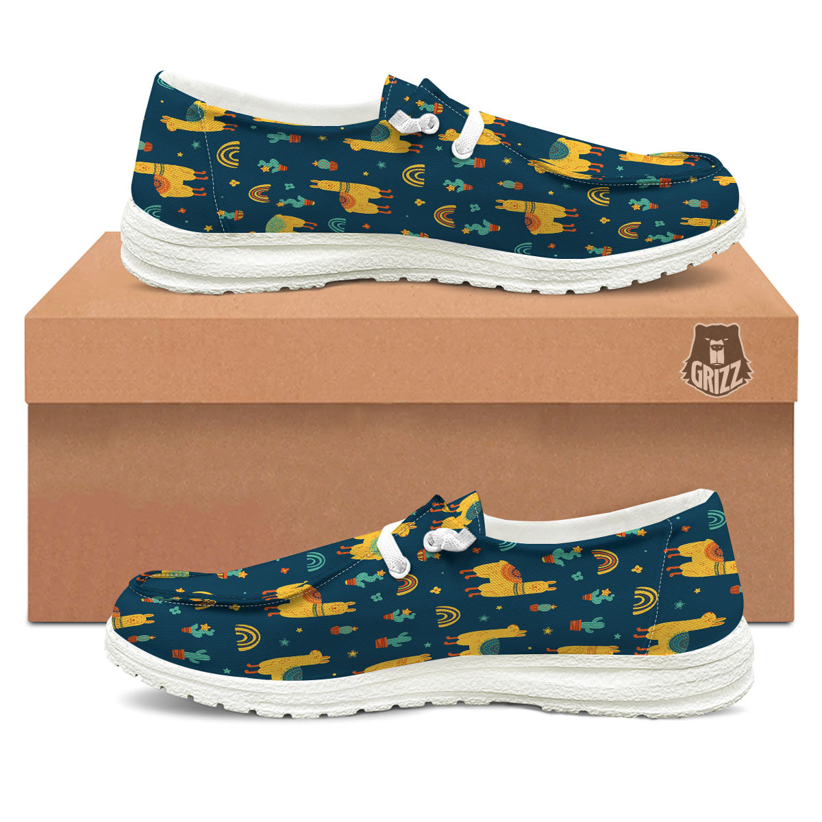 Llama Yellow Print Pattern White Loafers-grizzshop