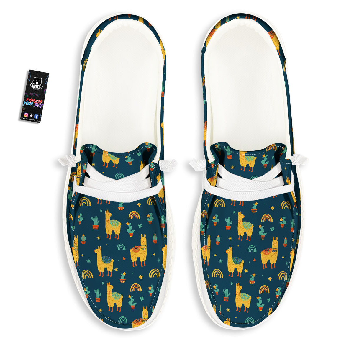 Llama Yellow Print Pattern White Loafers-grizzshop