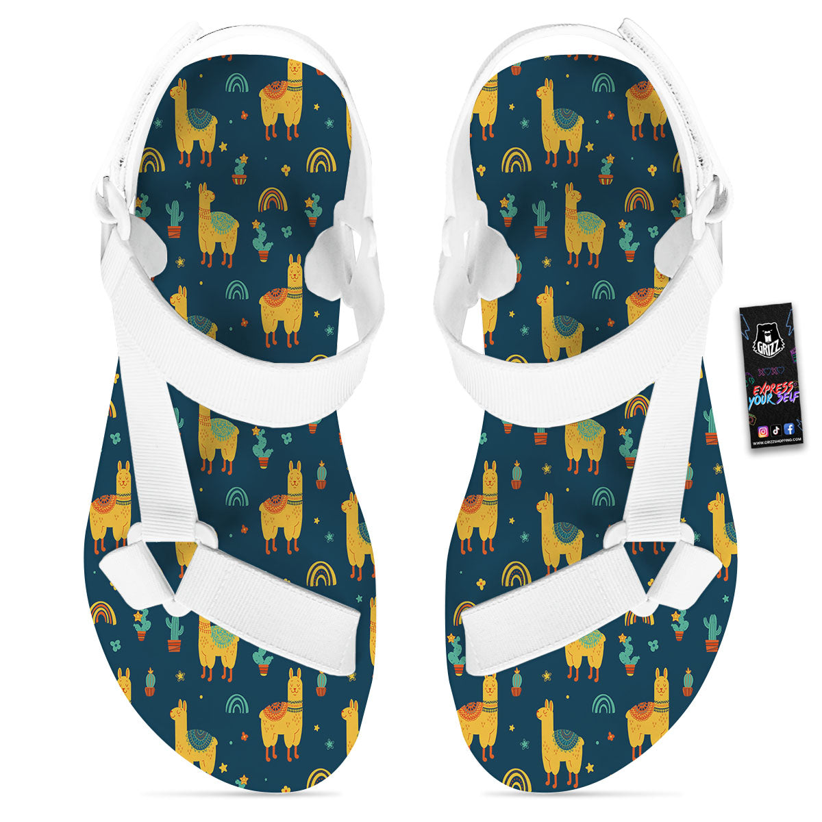 Llama Yellow Print Pattern White Open Toe Sandals-grizzshop