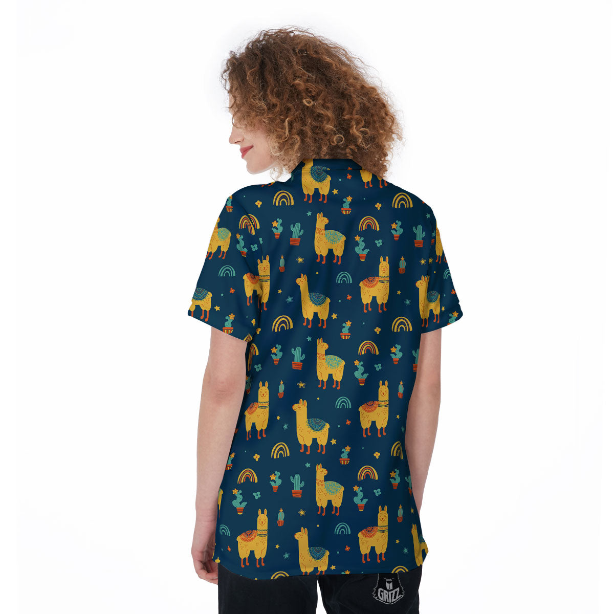 Llama Yellow Print Pattern Women's Golf Shirts-grizzshop