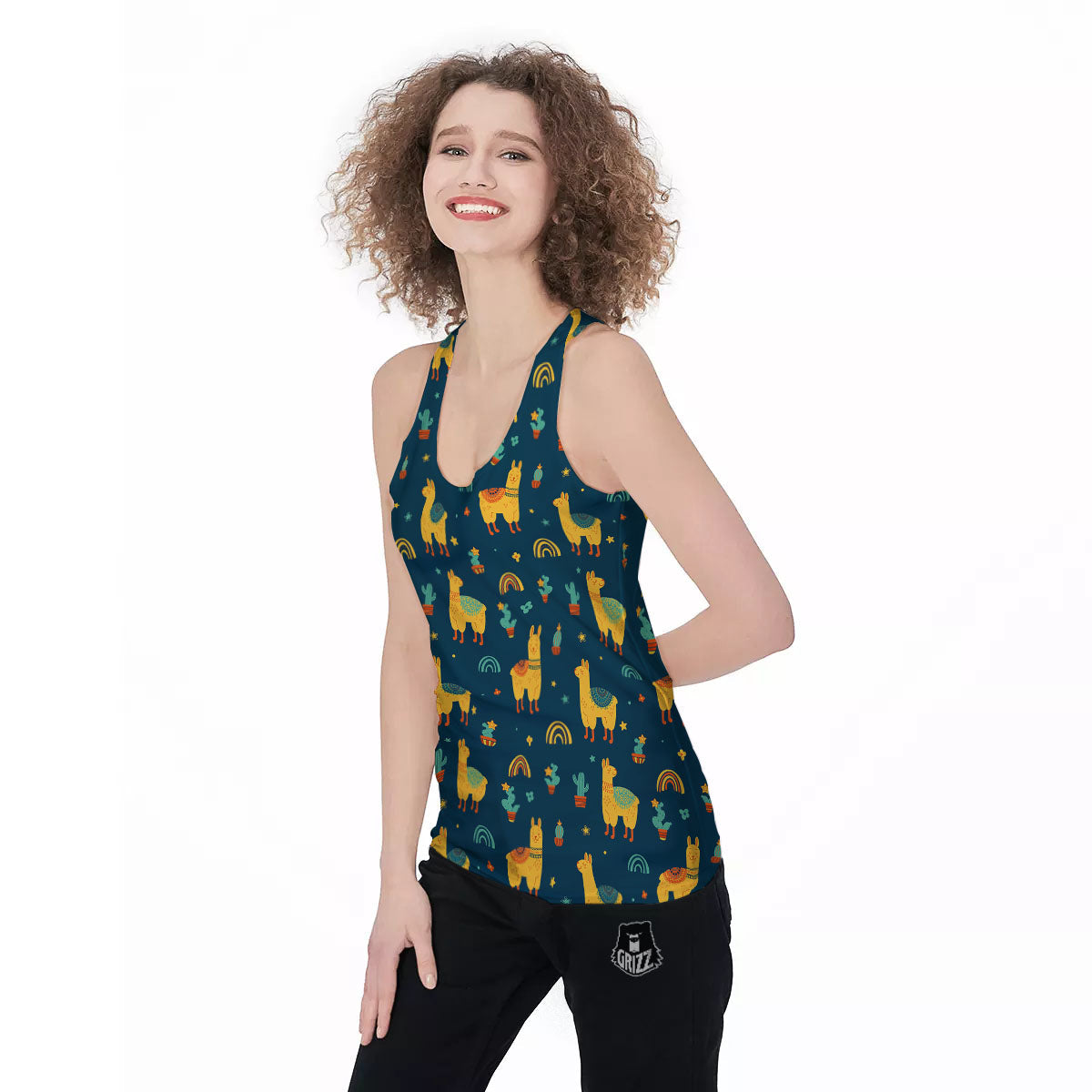 Llama Yellow Print Pattern Women's Racerback Tank Top-grizzshop