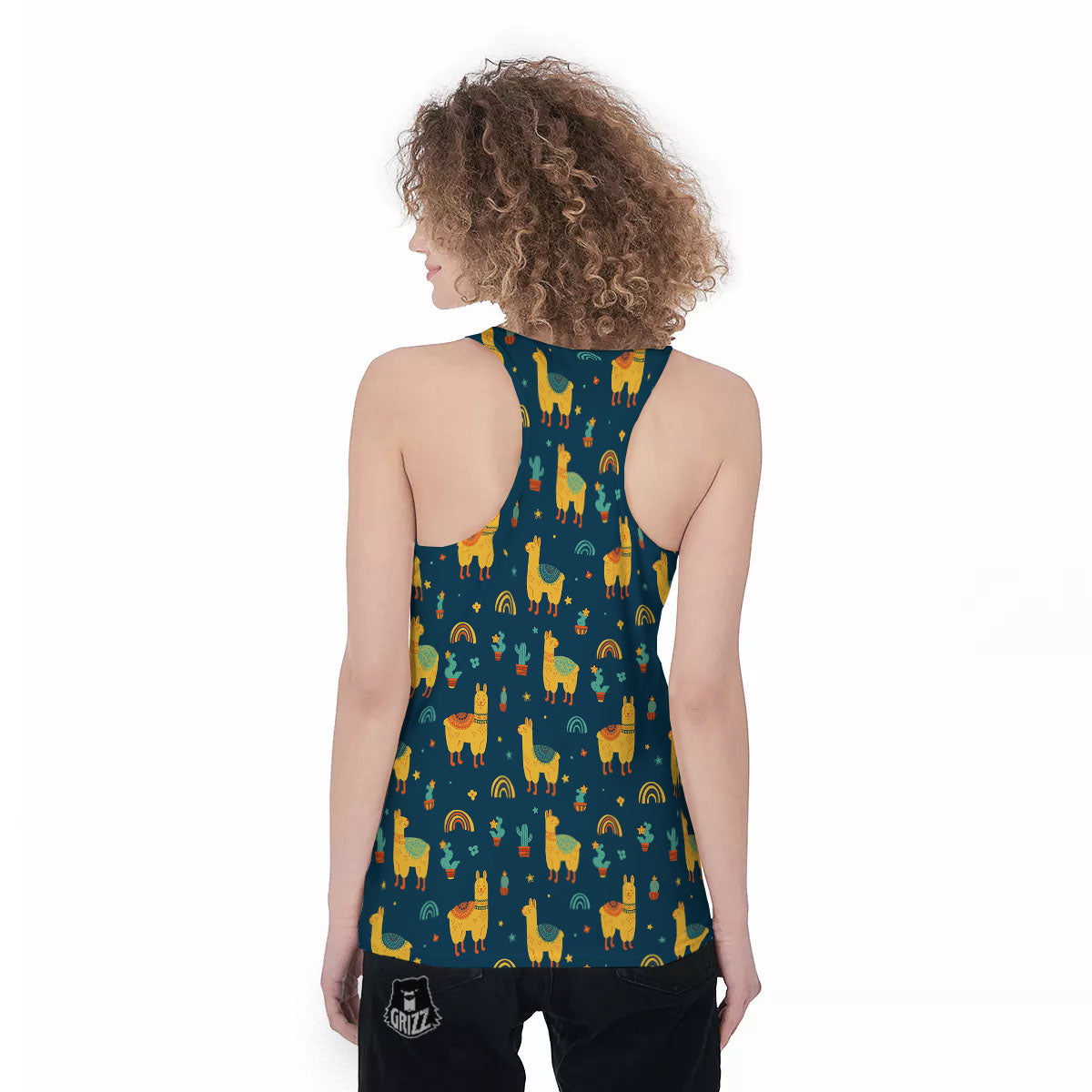 Llama Yellow Print Pattern Women's Racerback Tank Top-grizzshop