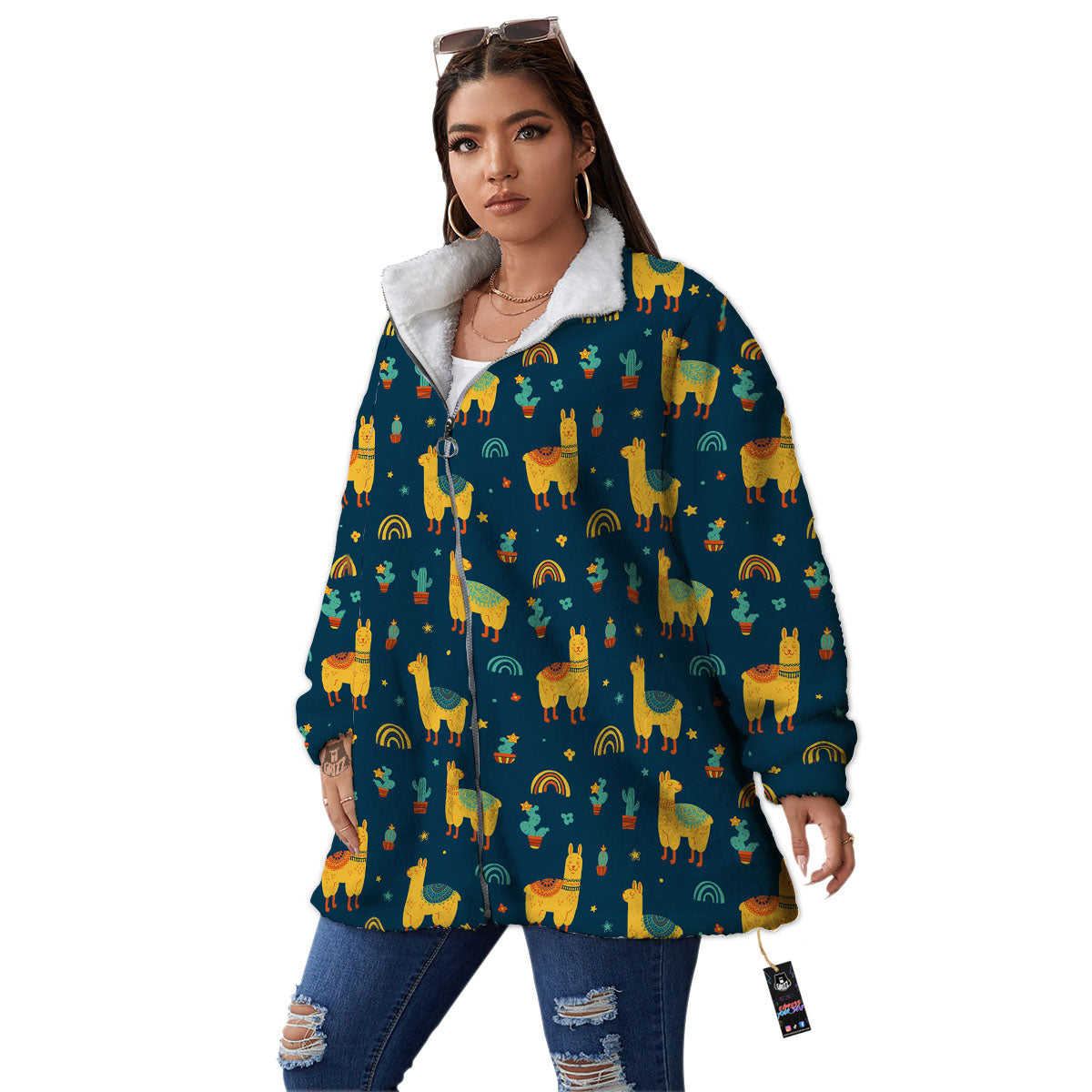 Llama Yellow Print Pattern Women's Sherpa Jacket-grizzshop
