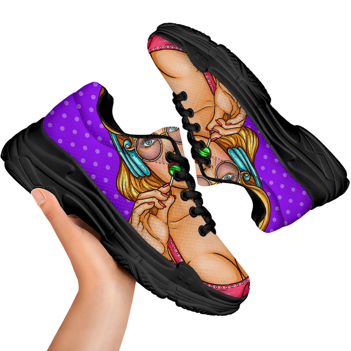 Lollipop And Punk Girl Print Black Chunky Shoes-grizzshop