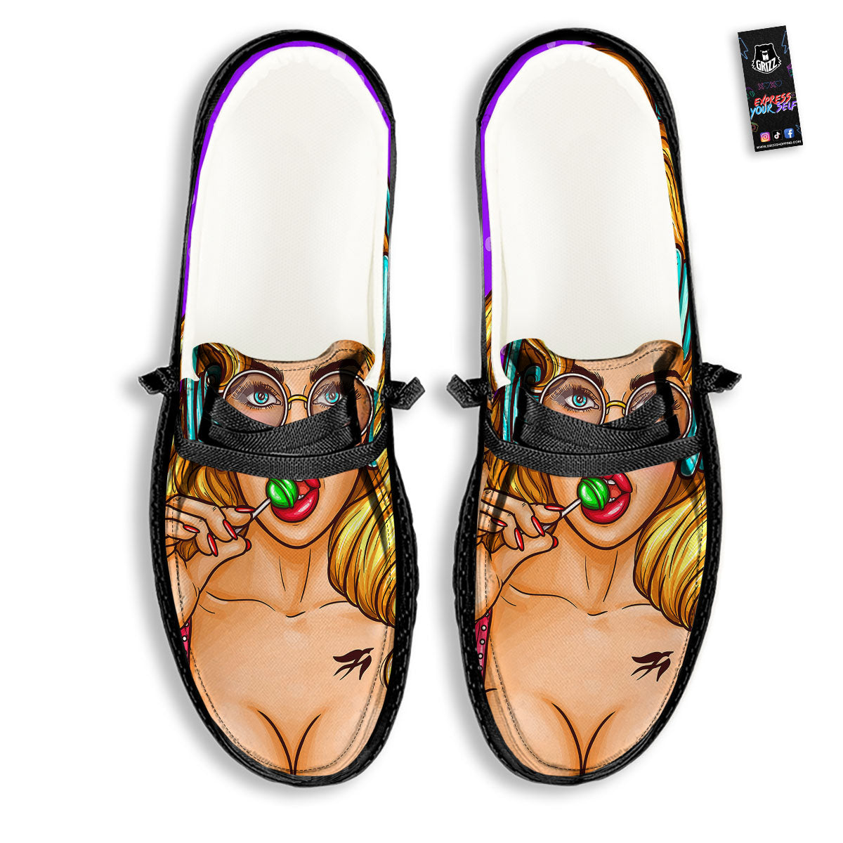 Lollipop And Punk Girl Print Black Loafers-grizzshop