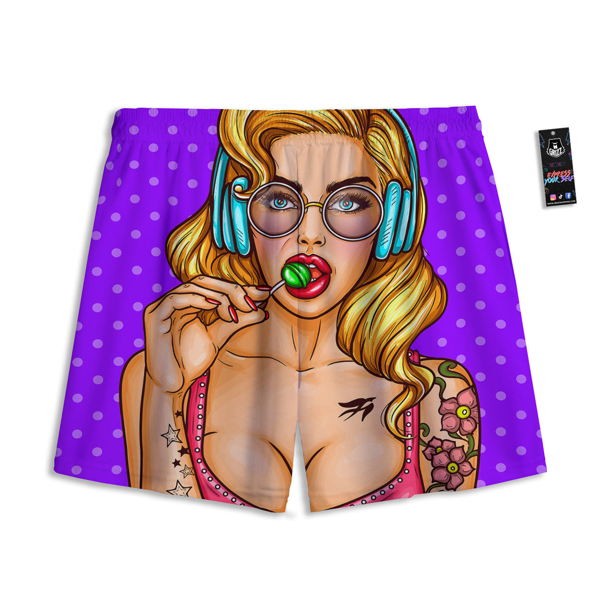 Lollipop And Punk Girl Print Mesh Shorts