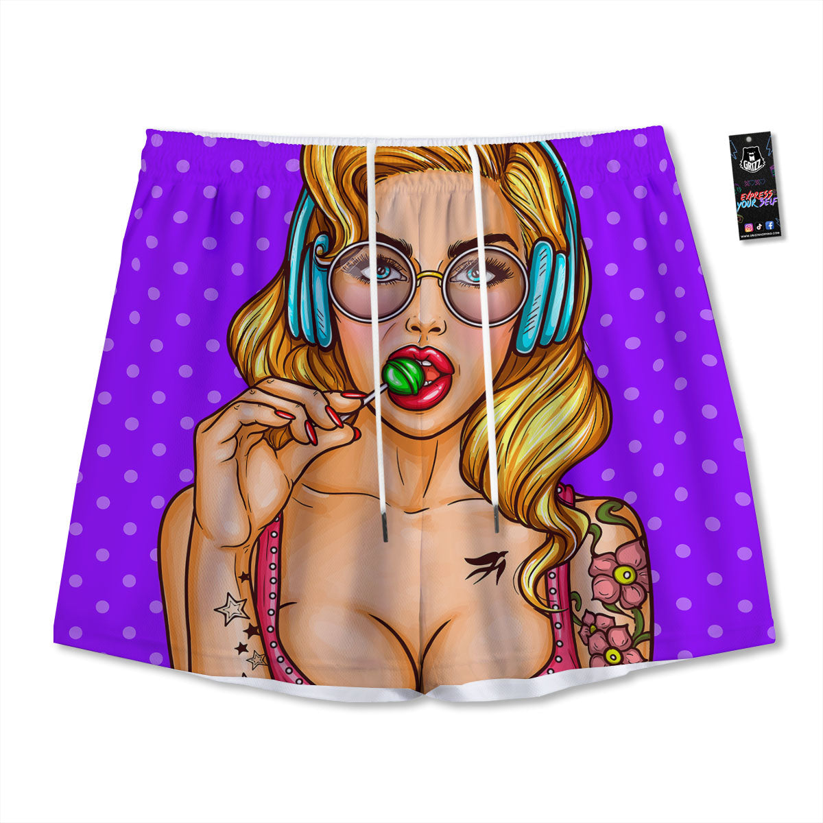 Lollipop And Punk Girl Print Mesh Shorts
