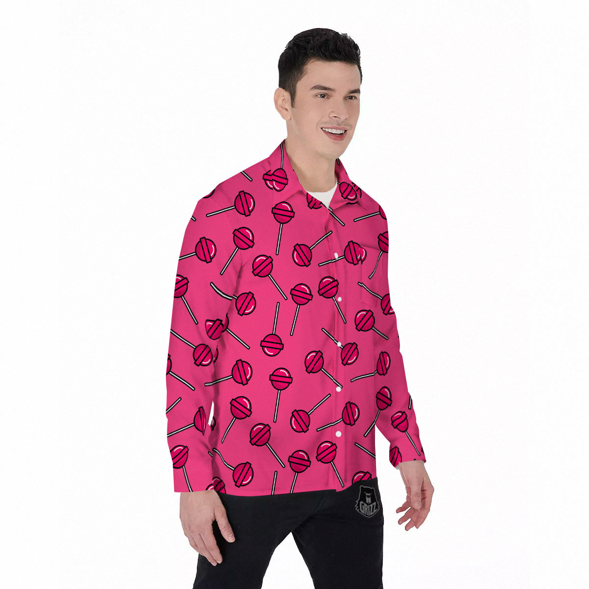 Lollipop Candy Pink Print Pattern Men's Long Sleeve Shirts-grizzshop