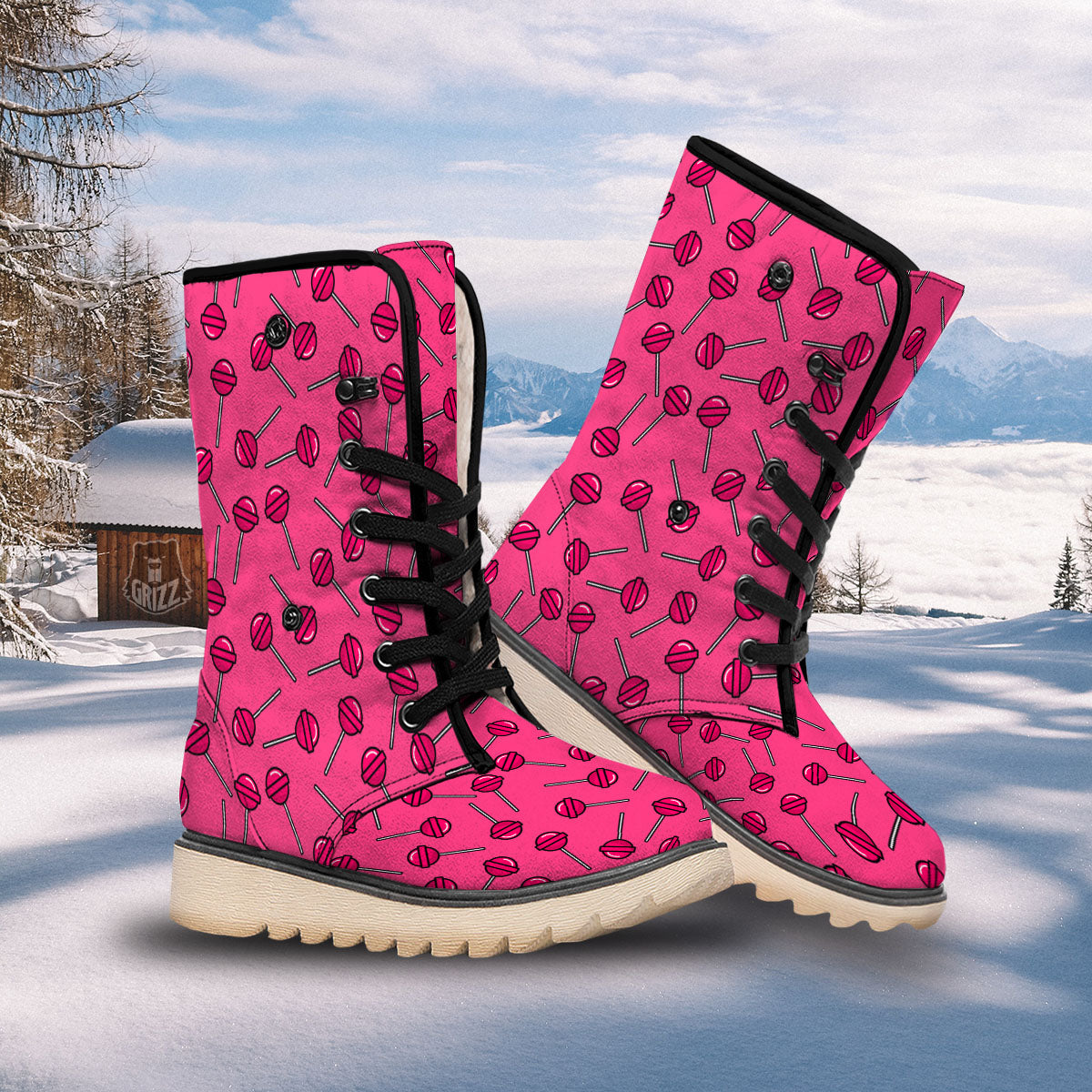Lollipop Candy Pink Print Pattern Snow Boots-grizzshop
