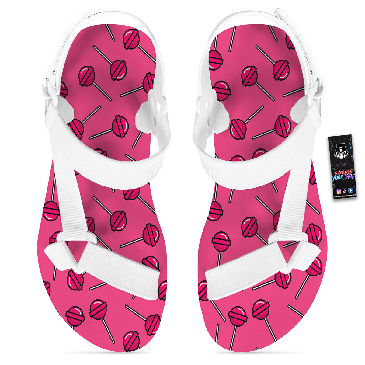 Lollipop Candy Pink Print Pattern White Open Toe Sandals-grizzshop