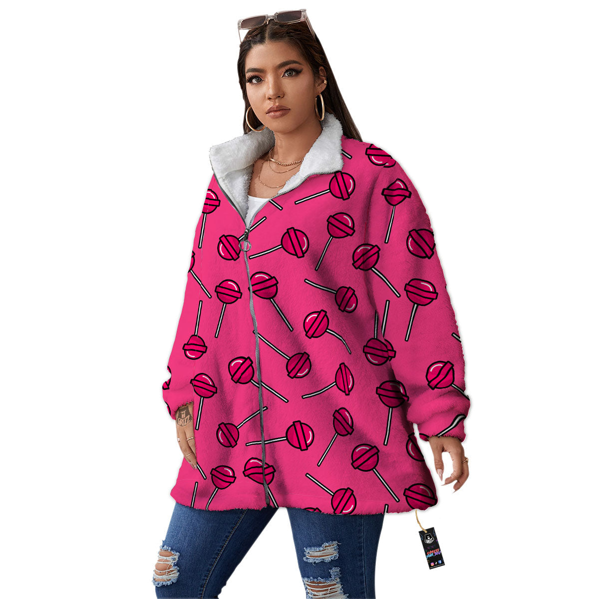 Lollipop Candy Pink Print Pattern Women's Sherpa Jacket-grizzshop