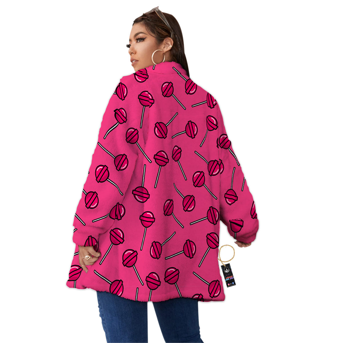 Lollipop Candy Pink Print Pattern Women's Sherpa Jacket-grizzshop
