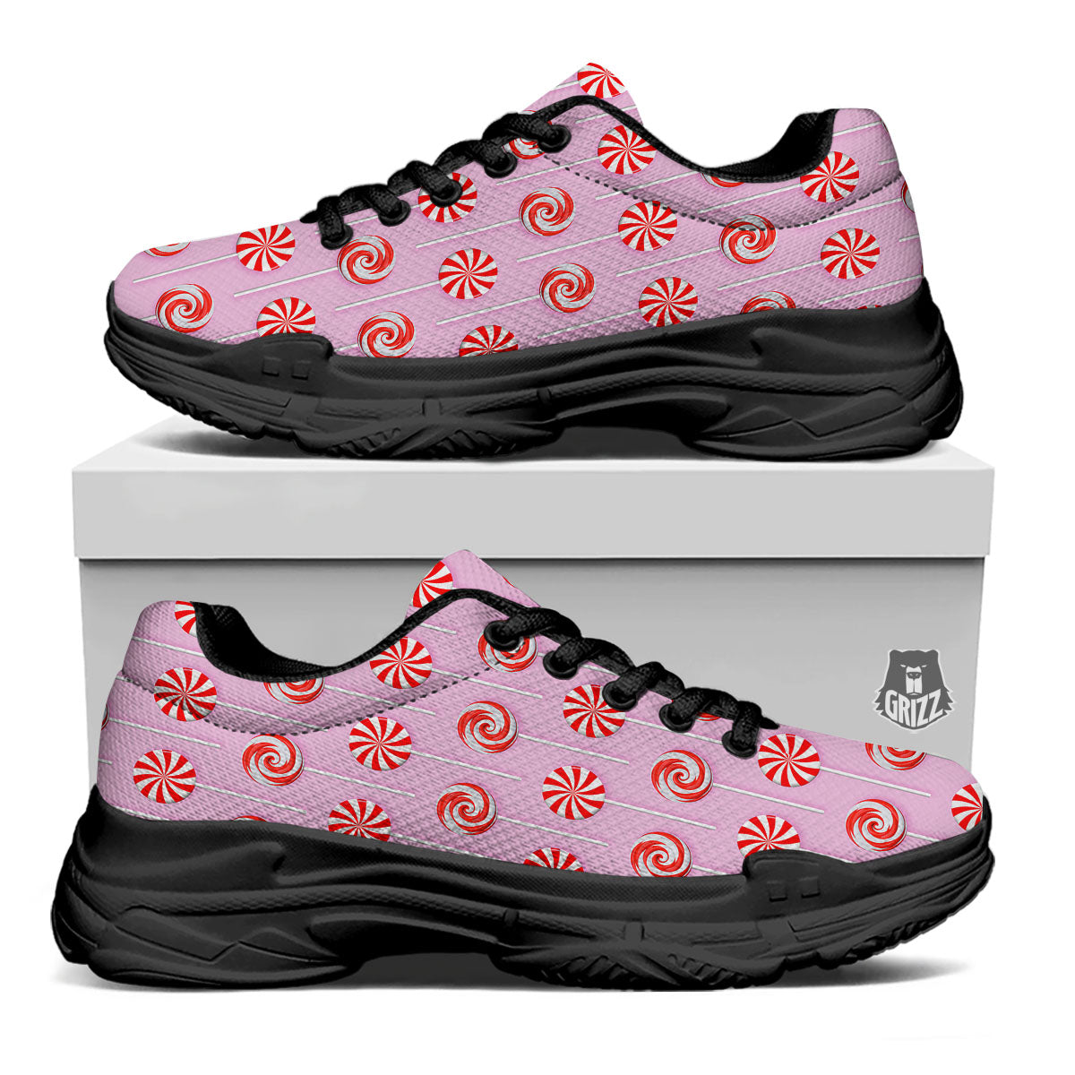 Lollipop Candy Red Print Pattern Black Chunky Shoes-grizzshop